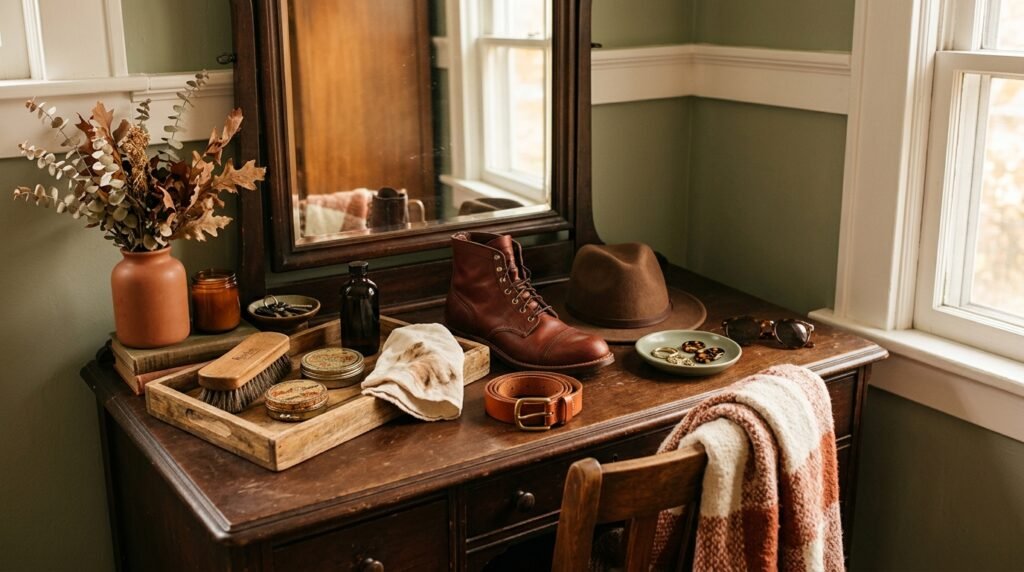 Fall accessories, a leather belt, and shoe care items arranged on a dressing table.
