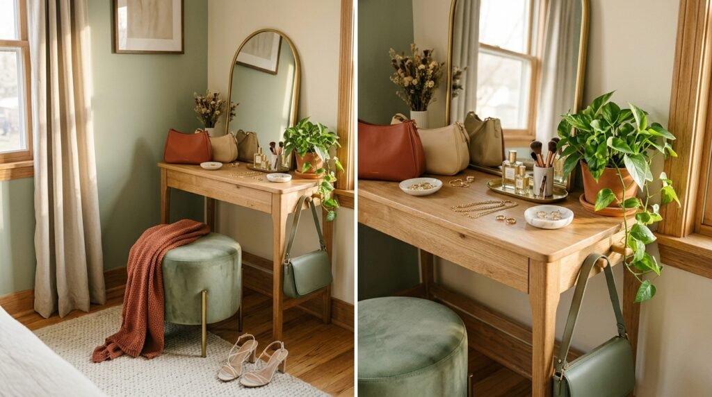 Smooth leather handbags, gold jewelry, and delicate heels arranged on a dressing table.
