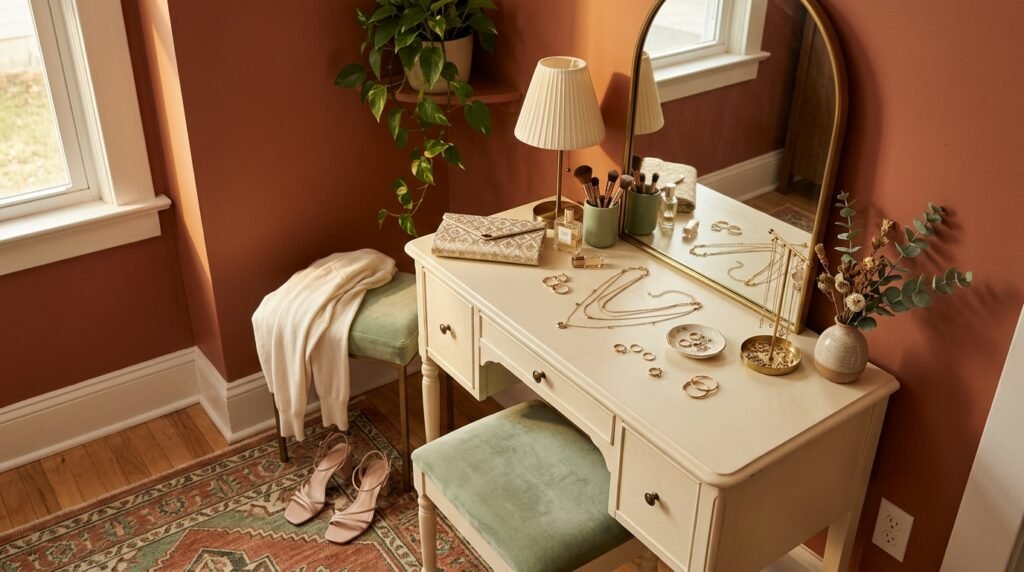 Gold jewelry, a chic clutch, and light pink sandals arranged on a dressing table.