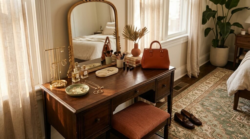 Gold jewelry, a structured handbag, and Gucci flats arranged on a dressing table.