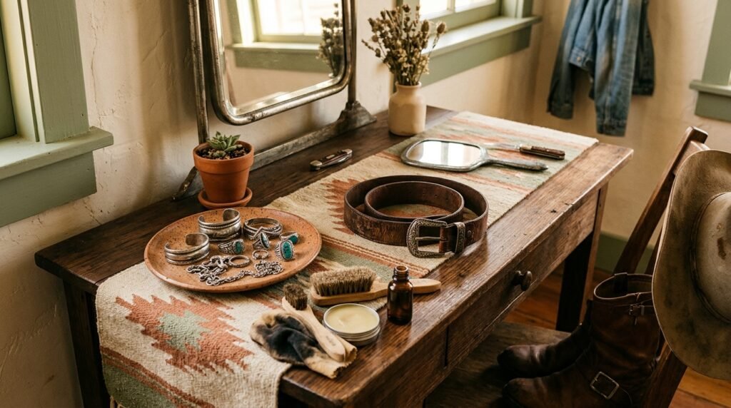 Silver jewelry, a leather belt, and buckle boot care tools arranged on a dressing table.