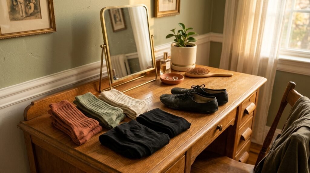 Folded crew socks, black tights, and leather jazz flats arranged on a dressing table.