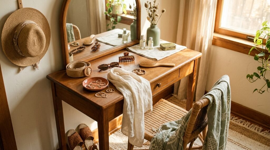 Warm-weather accessories, a woven belt, and summer shoes arranged on a dressing table.