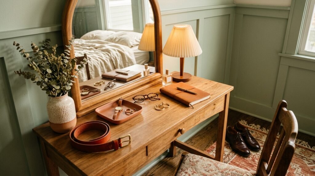Workwear accessories, a leather belt, and professional shoes arranged on a dressing table.
