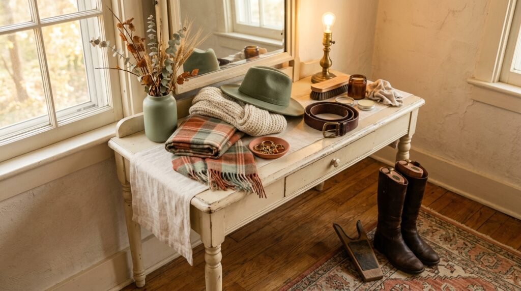 Fall accessories, a leather belt, and tall boot care tools arranged on a dressing table.
