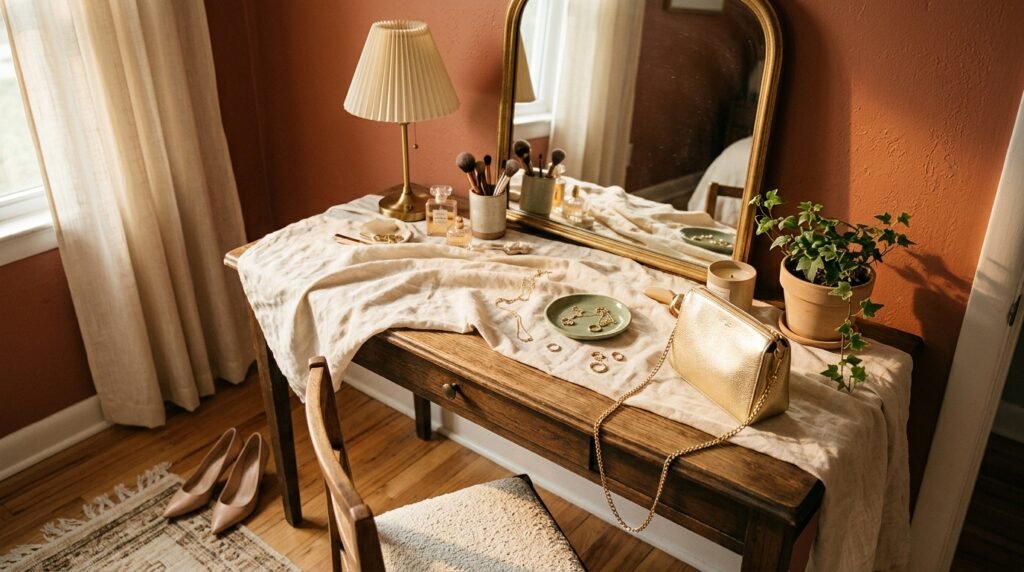 A gold handbag, delicate jewelry, and nude pumps arranged on a dressing table.