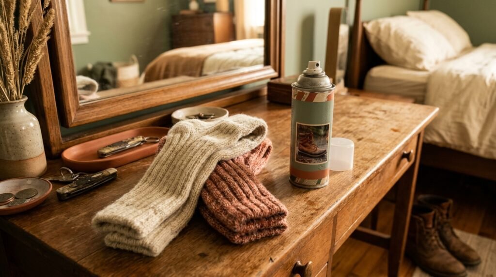 Thick merino wool socks and weather-proofing boot spray arranged on a dressing table.
