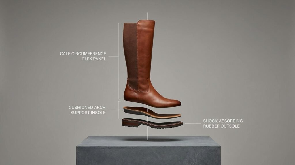 Technical cross-section view of a knee-high leather boot highlighting comfort features.