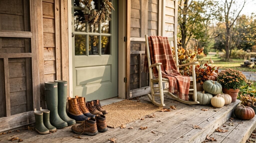 An assortment of fall boots arranged neatly on a rustic wooden porch.
