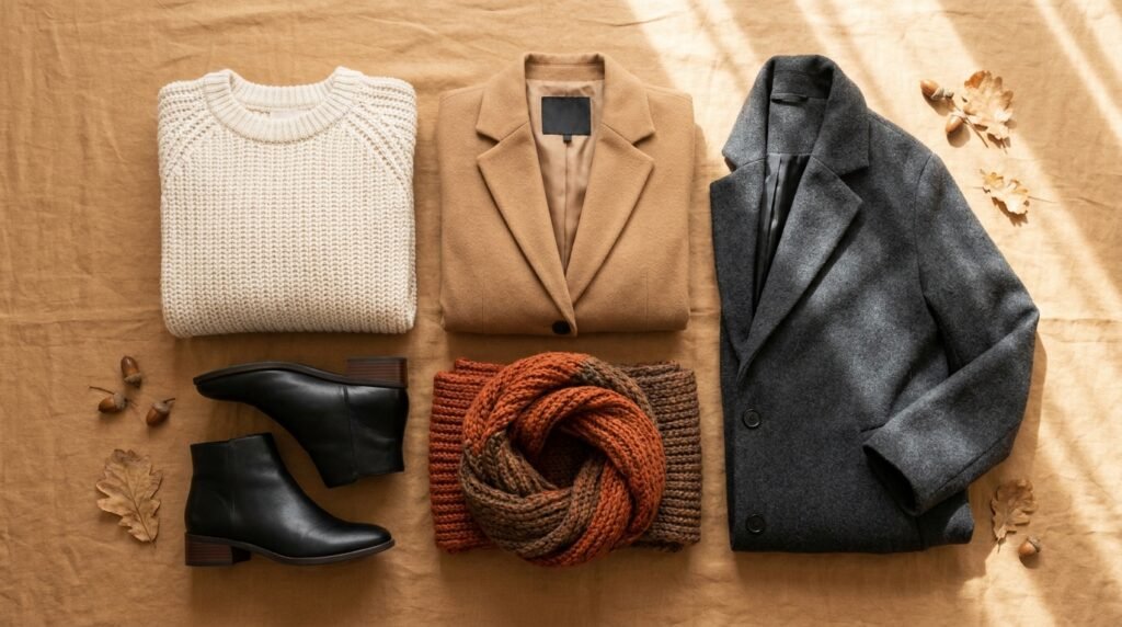 Fall layering formula with knit, blazer, coat and ankle boots