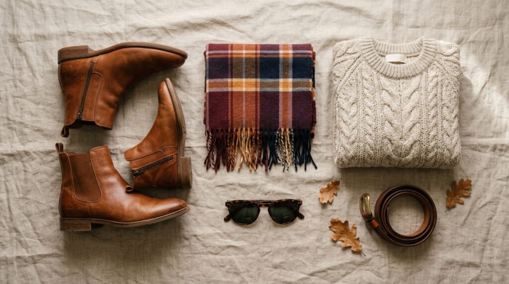 Flat-lay image of a plaid scarf, leather ankle boots, and sunglasses on neutral linen fabric.
