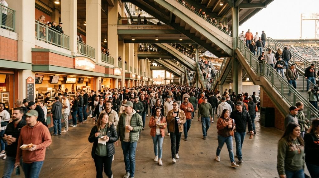 Fans walking along a concrete stadium concourse past concession stands.