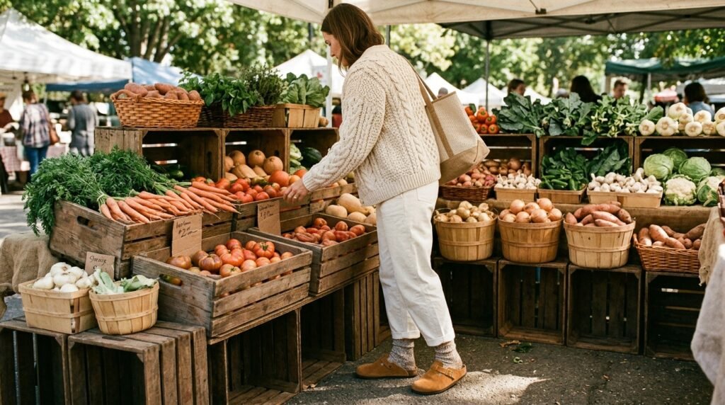 A textured knit cardigan and suede clogs worn at a weekend farmers market.