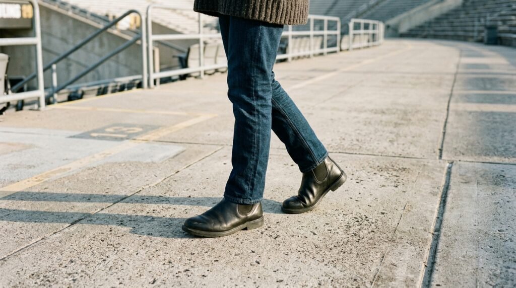 Close-up of black leather Chelsea boots and straight-leg jeans on a stadium walkway.