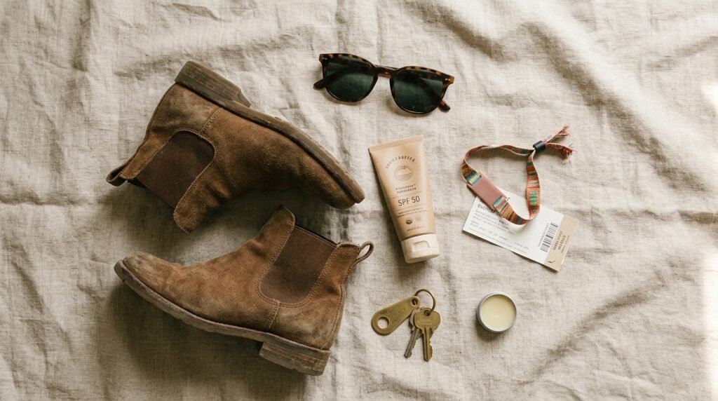 Flat-lay image of festival essentials, sunglasses, and ankle boots on neutral linen fabric.