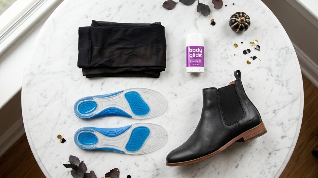 Foot comfort essentials including gel insoles, tights, and blister balm next to a black boot.