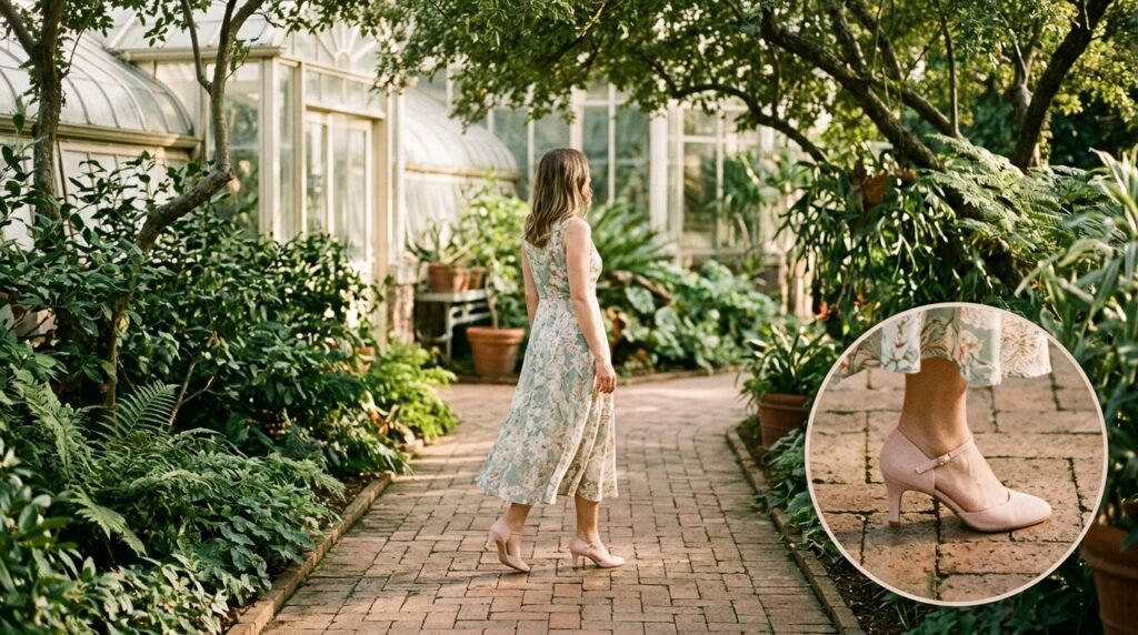 A pastel floral midi dress and light pink heels styled together in a botanical garden.