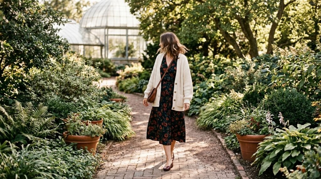 A dark floral midi dress paired with a cozy cardigan and burgundy flats in a garden.