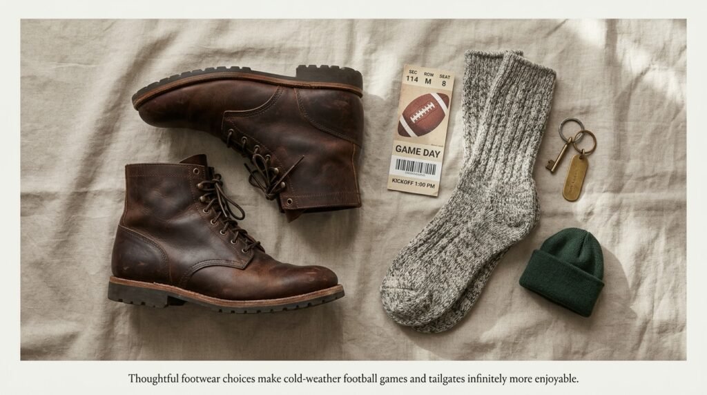 Flat-lay image of boots, wool socks, and a stadium ticket on linen fabric.
