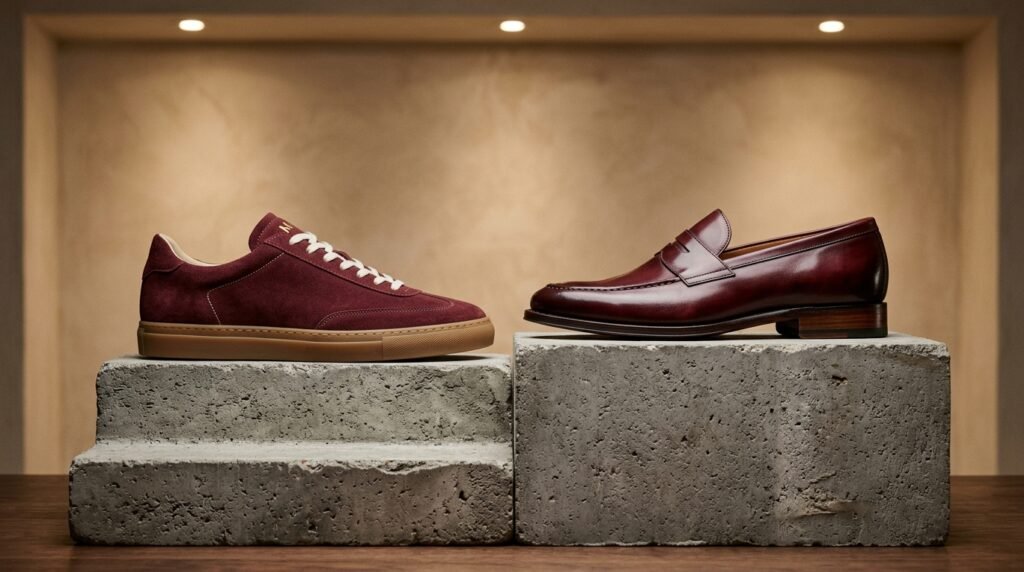 Comparison of burgundy suede sneakers and leather loafers on concrete pedestals.