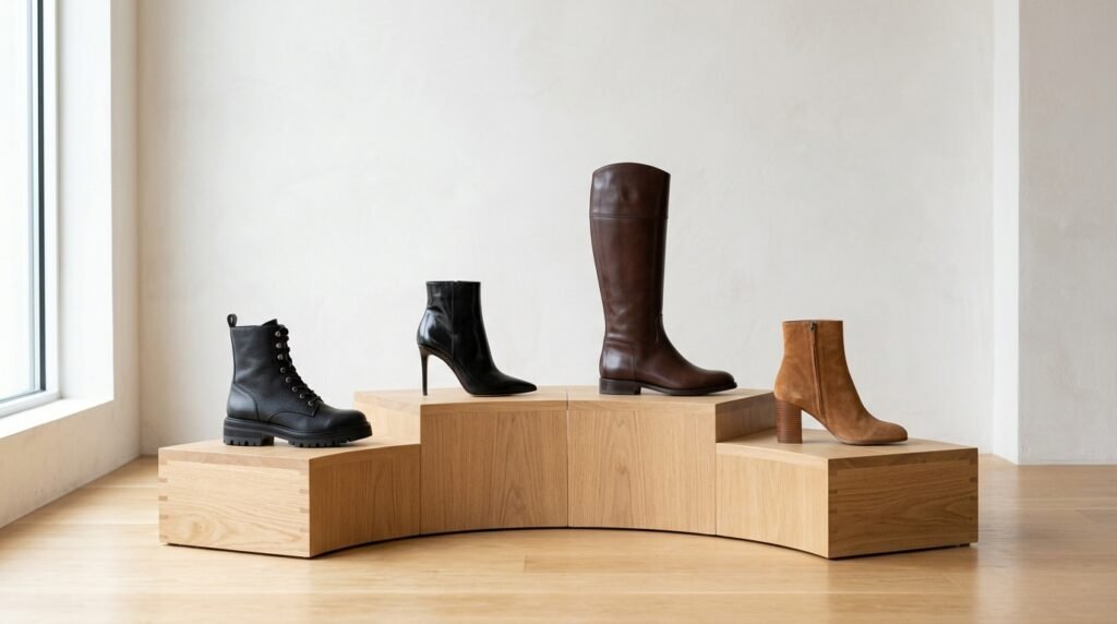 Showroom display comparing four types of knee-high boots for costume styling.