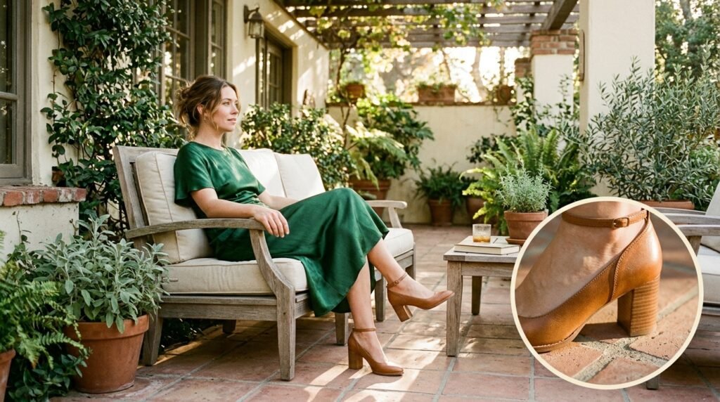 An emerald green satin dress paired with leather block heels on an outdoor terrace.