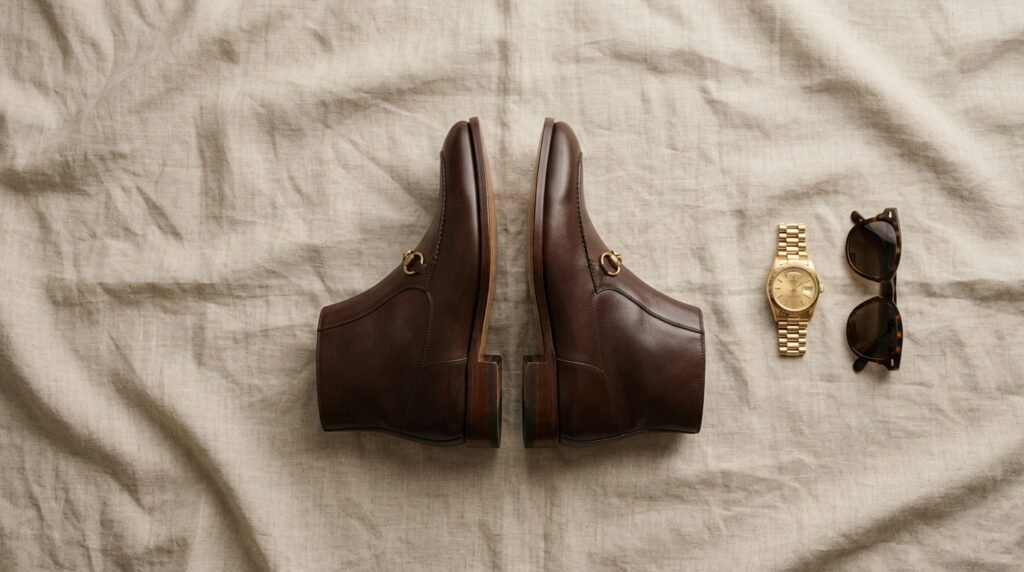 Flat-lay image of leather boots next to sunglasses and a watch on neutral linen fabric.