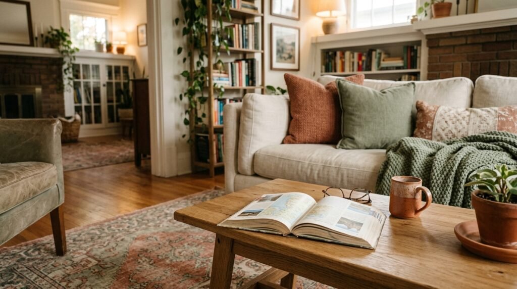 An open book resting on a wooden coffee table in a warm room.
