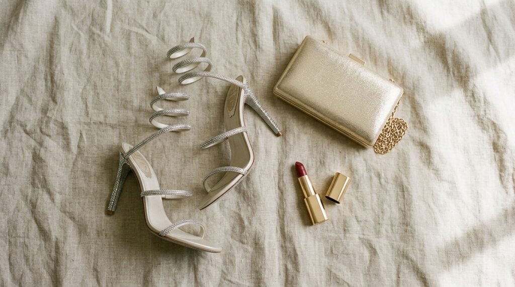 Flat-lay image of crystal-embellished heels next to a gold clutch and lipstick on linen fabric.