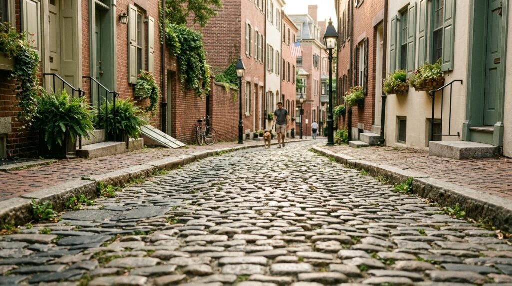 An uneven historic European cobblestone street path in warm afternoon sunlight.