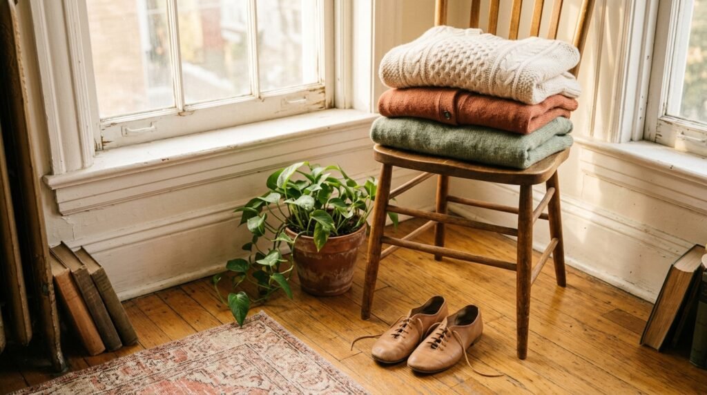 Leather jazz flats resting neatly near folded fall knitwear in warm apartment light.