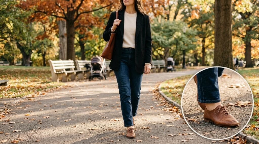 Dark-wash straight jeans, a black blazer, and brown leather jazz flats on a park walkway.