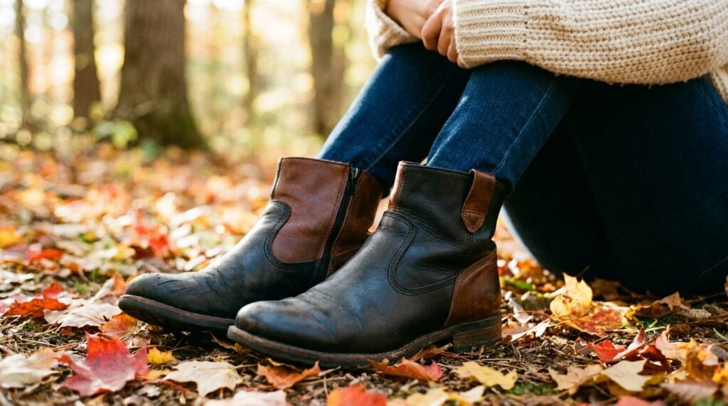 Leather ankle boots styled for a fall outfit of the day