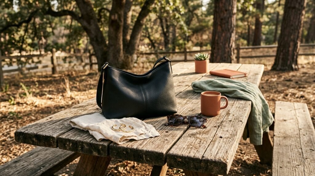 A black leather shoulder bag, sunglasses, and gold hoop earrings on a rustic wooden picnic table.