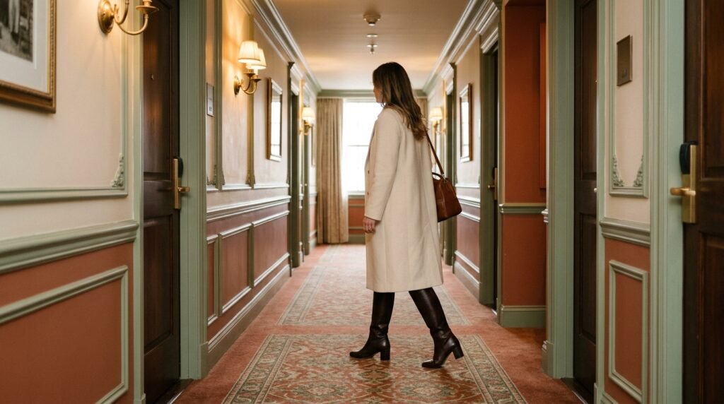 Sleek knee-high leather boots standing in a luxury European hotel hallway.