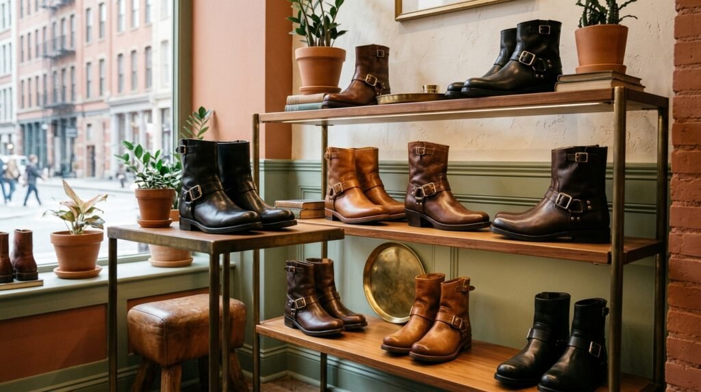 Black and brown leather buckle boots with polished metal hardware displayed on a wooden shelf.