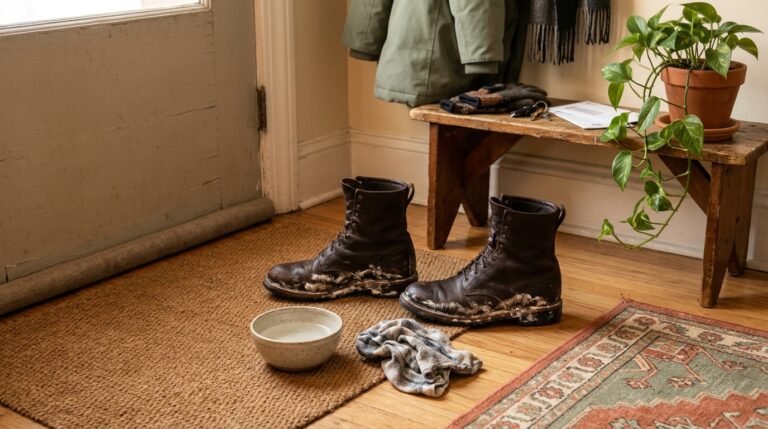 Dark leather boots with white salt stains resting next to a cleaning cloth and bowl in an entryway.