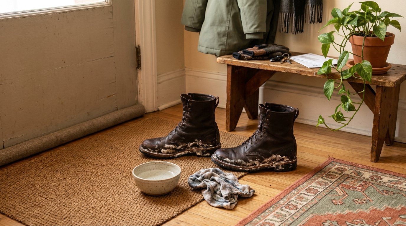 Dark leather boots with white salt stains resting next to a cleaning cloth and bowl in an entryway.