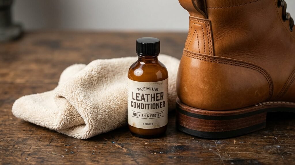Leather conditioner and a soft cloth next to the heel of a tan leather boot.