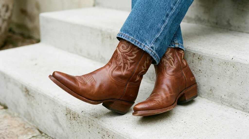 Brown leather mid-calf cowgirl boots with Western stitching resting on a concrete step next to denim.