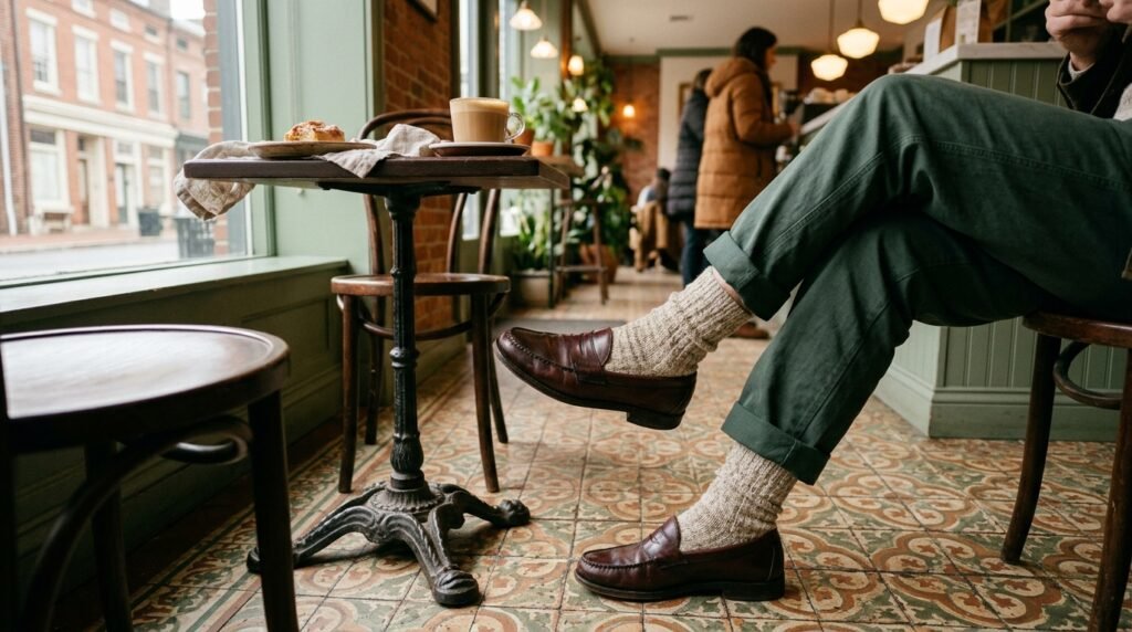 Classic leather loafers worn with wool socks inside a warm European café.