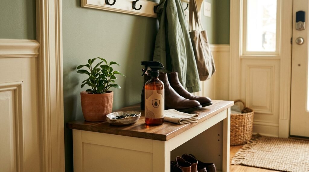 A bottle of protective leather spray resting next to clean boots on an entryway shelf.