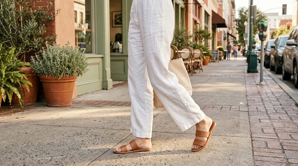 Relaxed white linen trousers and flat leather slide sandals on a sunny city sidewalk.