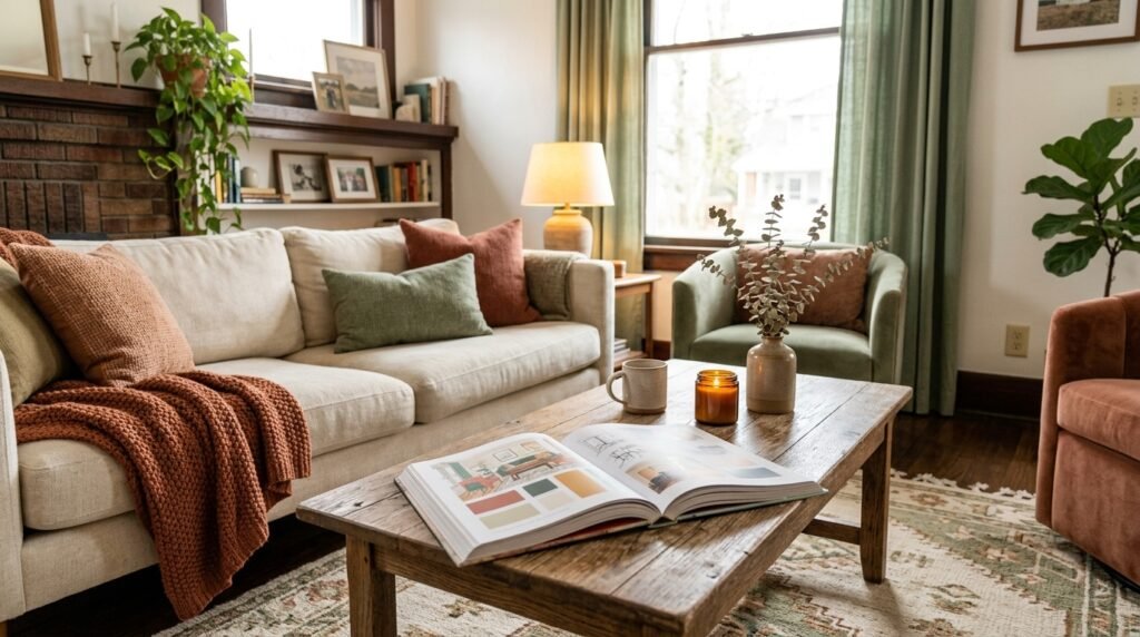An open style guide book resting on a wooden coffee table in a warm room.