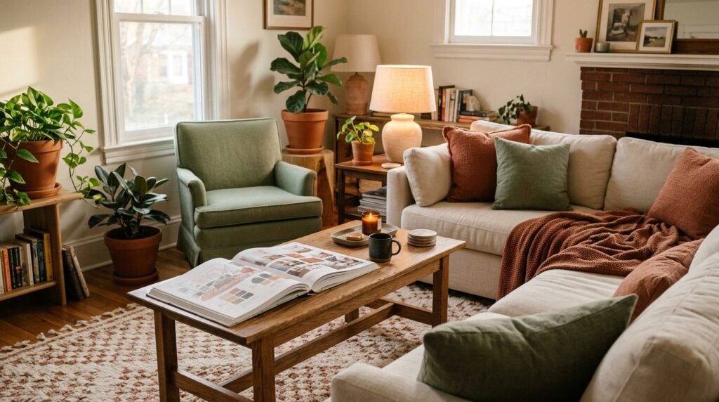 An open book resting on a wooden coffee table in a warm room setting.