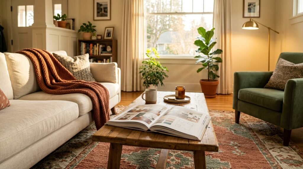 An open style guide book resting on a wooden coffee table in a warm room.