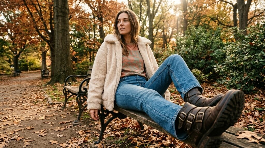 Straight-leg jeans, a graphic tee, an oversized shearling teddy jacket, and buckle boots in an autumn park.