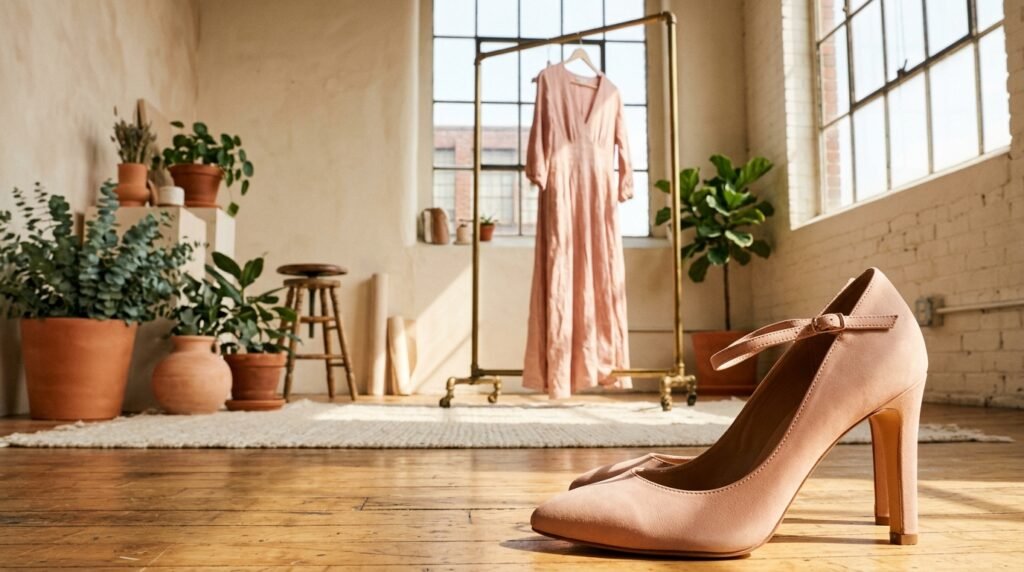 A monochromatic blush pink dress paired with matching heels in a sunlit studio.