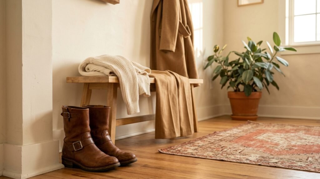 Camel trousers, an ivory knit, a camel coat, and brown buckle boots resting in an apartment.