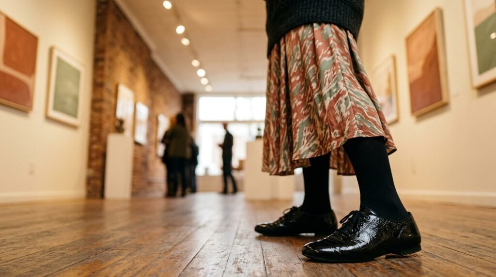 A fluid midi skirt, black tights, a turtleneck, and patent leather jazz flats in an art gallery.
